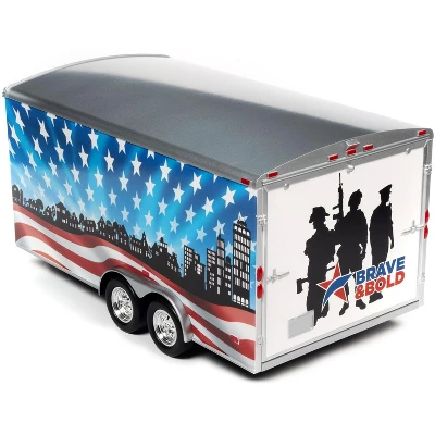 Four Wheel Enclosed Car Trailer Patriotic "Brave And Bold" With Graphics For 1/18 Scale Model Cars By Auto World 4 Four Wheel Enclosed Car Trailer Patriotic "Brave And Bold" With Graphics For 1/18 Scale Model Cars By Auto World - Image 2