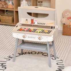 Costway Kids Barbecue Grill Playset, Wooden Kitchen Playset With Clip 4 BBQ Poles