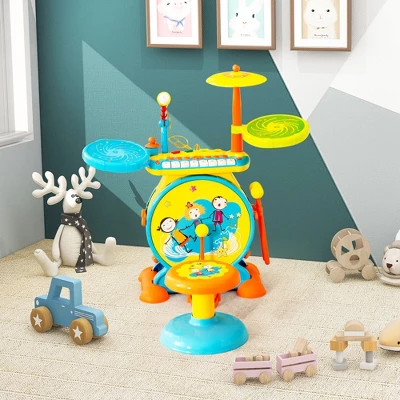 Costway 2-in-1 Kids Electronic Drum Kit Music Instrument Toy W/ Keyboard Microphone Blue 4 Costway 2-in-1 Kids Electronic Drum Kit Music Instrument Toy W/ Keyboard Microphone Blue - Image 2