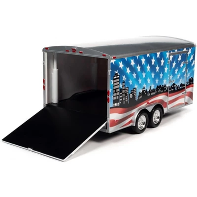 Four Wheel Enclosed Car Trailer Patriotic "Brave And Bold" With Graphics For 1/18 Scale Model Cars By Auto World 3 Four Wheel Enclosed Car Trailer Patriotic "Brave And Bold" With Graphics For 1/18 Scale Model Cars By Auto World