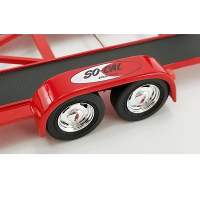 Tandem Car Trailer With Tire Rack Red "So-Cal Speed Shop" 1/18 Diecast Model By ACME 4 Tandem Car Trailer With Tire Rack Red "So-Cal Speed Shop" 1/18 Diecast Model By ACME - Image 2