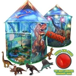 Toy To Enjoy Dinosaur Pop-Up Play Tent With Remote Controlled Lights, Dinosaur Roar Sound Button, And 6 Dinosaur Figure Toys For Boys And Girls
