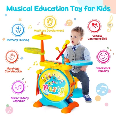 Costway 2-in-1 Kids Electronic Drum Kit Music Instrument Toy W/ Keyboard Microphone Blue 9 Costway 2-in-1 Kids Electronic Drum Kit Music Instrument Toy W/ Keyboard Microphone Blue - Image 7