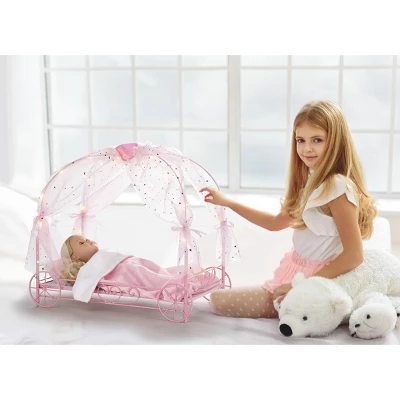 Badger Basket Royal Carriage Metal Doll Bed With Canopy Bedding And LED Lights - Pink/White/Stars 3 Badger Basket Royal Carriage Metal Doll Bed With Canopy Bedding And LED Lights - Pink/White/Stars