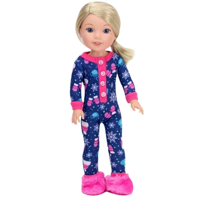 Sophia’s One Piece Winter Pajamas And Slippers For 14.5" Dolls, Blue/Hot Pink 4 Sophia’s One Piece Winter Pajamas And Slippers For 14.5" Dolls, Blue/Hot Pink - Image 2