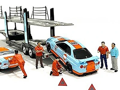 "Team Transporter Crew" Diecast Set Of 6 Pieces (5 Figurines And 2 Warning Triangles) For 1/64 Scale Models By American Diorama 2 "Team Transporter Crew" Diecast Set Of 6 Pieces (5 Figurines And 2 Warning Triangles) For 1/64 Scale Models By American Diorama