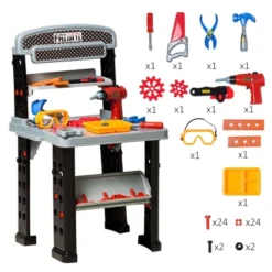 Qaba Kids Workbench 79-Piece Construction Playset Toy With Battery-Powered Drill, Hammer, Saw, Storage Tray For Ages 3+, Black And Gray -Best Toys Store GUEST b44c2dd6 73f6 49e0 8383 919ce44e4258