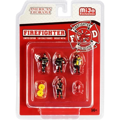 "Firefighter" 7 Piece Diecast Set (4 Figurines And 3 Accessories) For 1/64 Scale Models By American Diorama 4 "Firefighter" 7 Piece Diecast Set (4 Figurines And 3 Accessories) For 1/64 Scale Models By American Diorama - Image 2