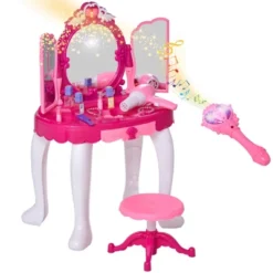 Qaba Infrared Remote Control Kids Dress-up Vanity Table Chair Girls Pretend Dressing Table Set With Music And Lightening Cosmetic Mirror Hair Dryer -Best Toys Store GUEST bd707bb3 807b 4cd4 afdc 24c807592366