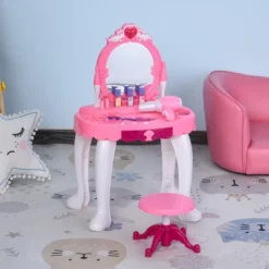 Qaba Children Dressing Table Set Girls Pretend Princess Vanity Table With Music Lightening Pink